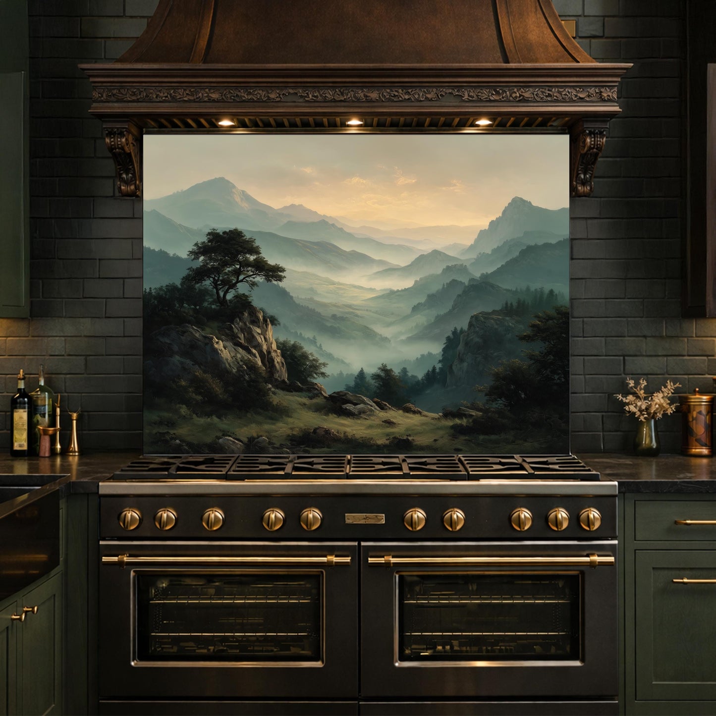 Misty Mountain Landscape Glass Kitchen Backsplash – Scenic Stove Wall Decor