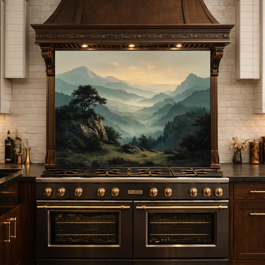 Misty Mountain Landscape Glass Kitchen Backsplash – Scenic Stove Wall Decor