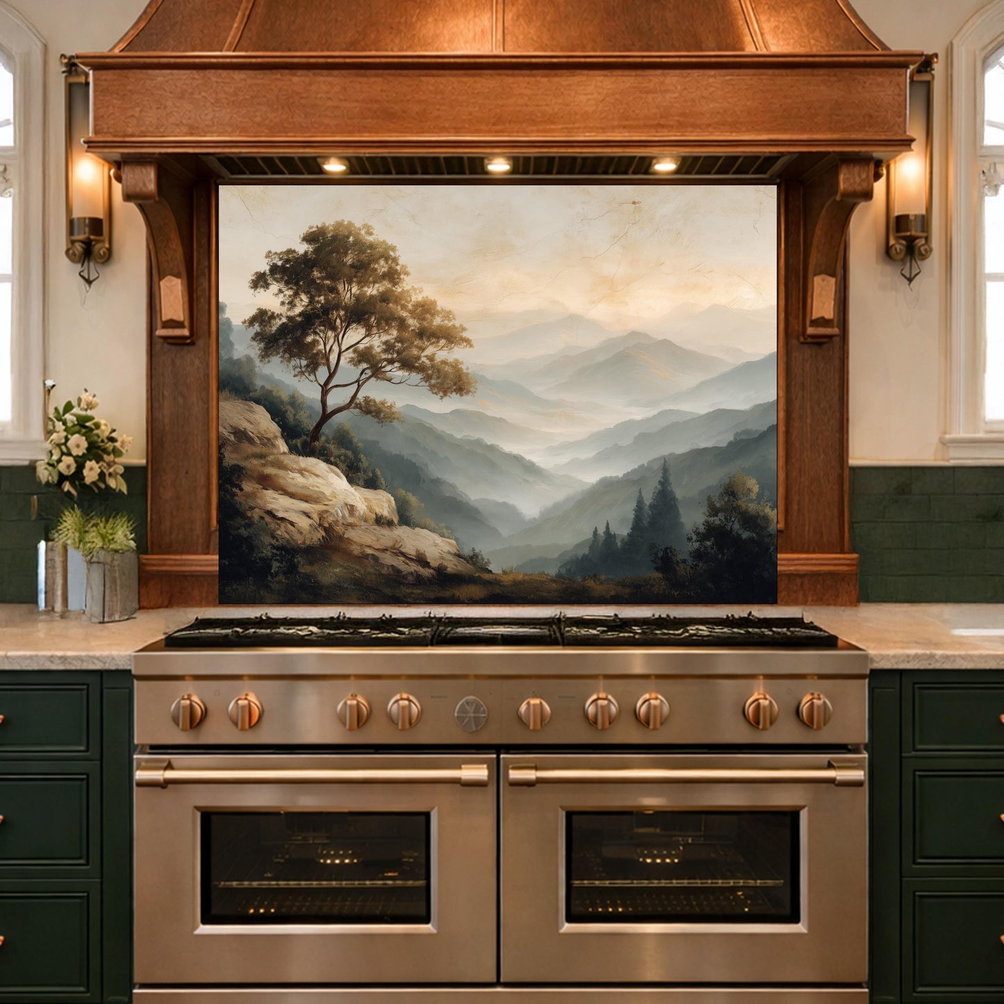 Mountain Landscape Glass Kitchen Backsplash – Serene Nature Stove Decor