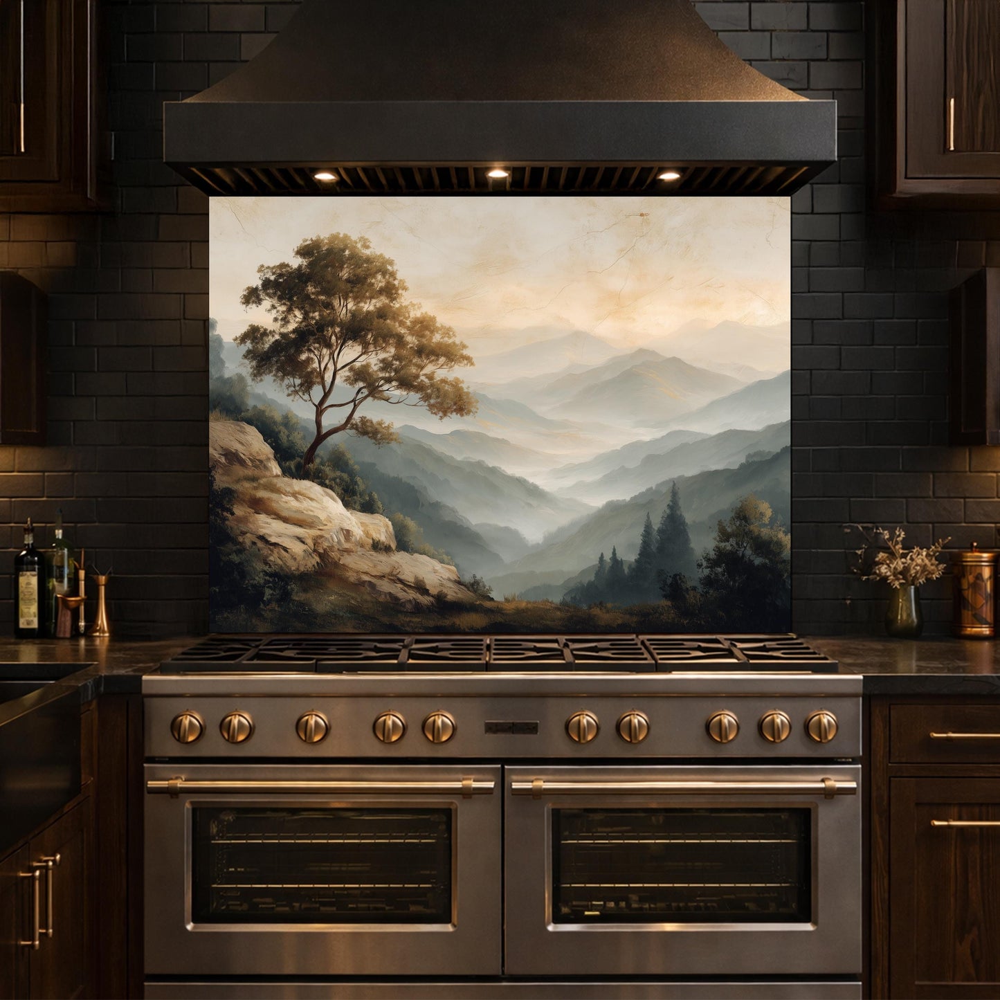 Mountain Landscape Glass Kitchen Backsplash – Serene Nature Stove Decor