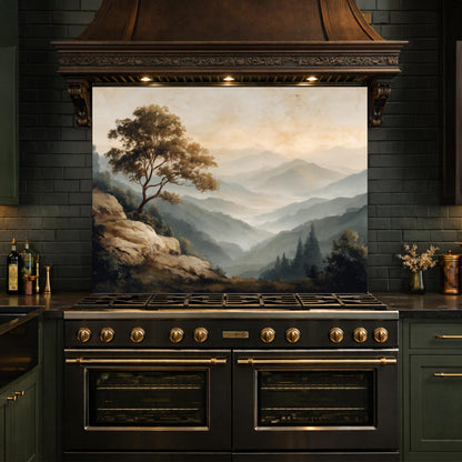 Mountain Landscape Glass Kitchen Backsplash – Serene Nature Stove Decor