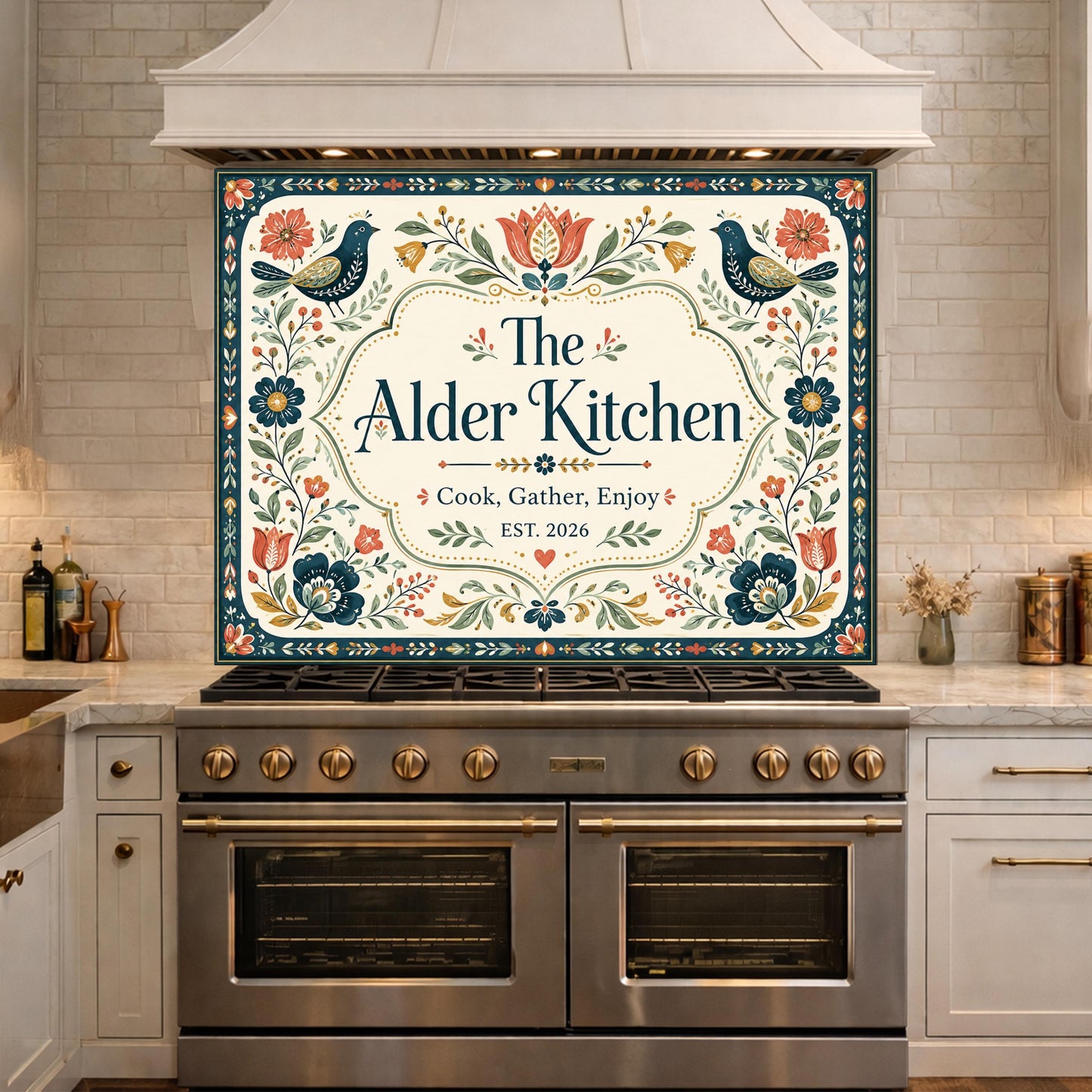Personalized Mediterranean Tile Backsplash, Custom Family Kitchen Sign, Italian Ceramic Style Tempered Glass Backsplash