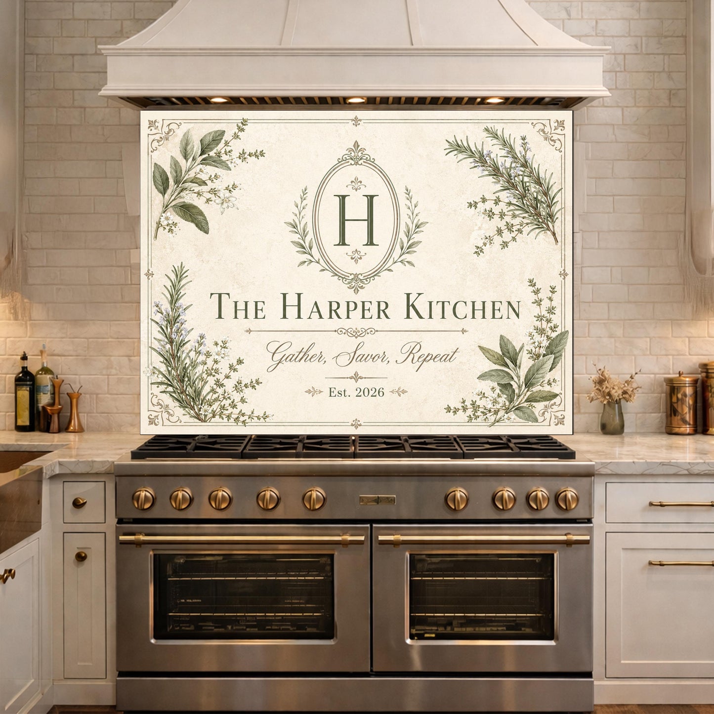 Personalized Botanical Kitchen Backsplash, Custom Family Name Glass Panel, Olive Branch Marble Style Kitchen Sign