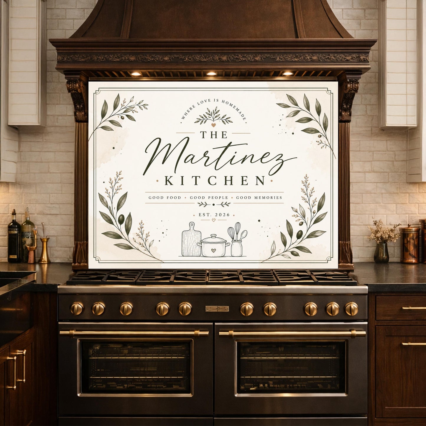 Personalized Botanical Kitchen Backsplash, Custom Family Name Glass Panel, Olive Branch Marble Style Kitchen Sign