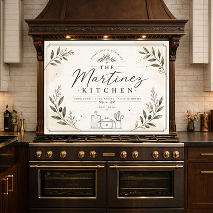 Personalized Botanical Kitchen Backsplash, Custom Family Name Glass Panel, Olive Branch Marble Style Kitchen Sign