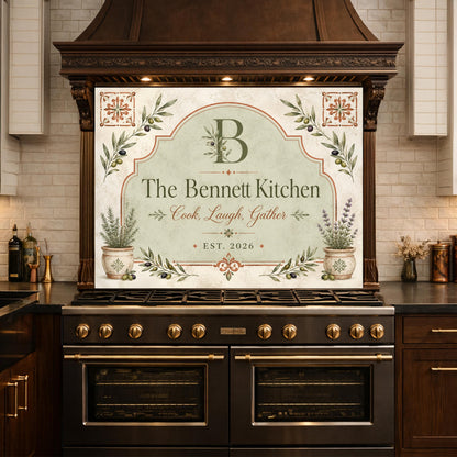 Personalized Farmhouse Kitchen Backsplash, Custom Family Name Glass Panel, Olive Branch Kitchen Sign Decor