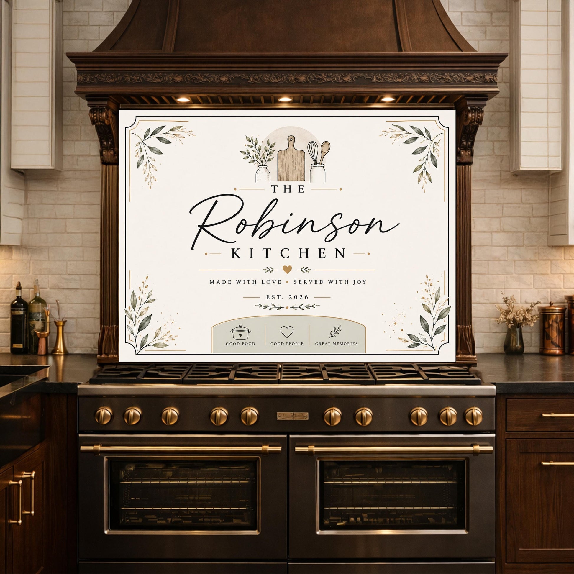 Personalized Farmhouse Kitchen Backsplash, Custom Family Name Glass Panel, Olive Branch Kitchen Sign Decor