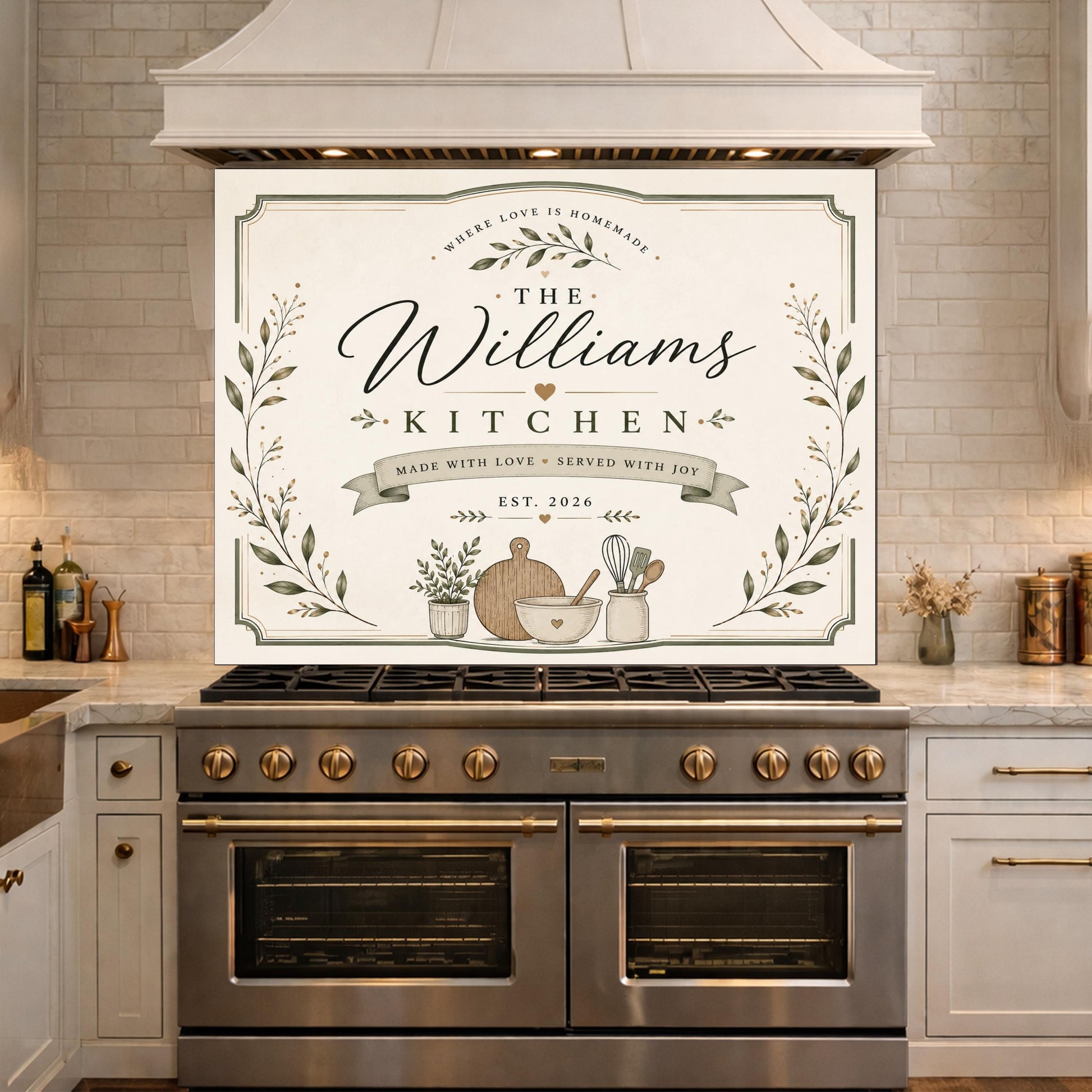 Personalized Farmhouse Kitchen Backsplash, Custom Family Name Glass Panel, Olive Branch Kitchen Sign Decor