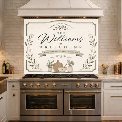 Personalized Farmhouse Kitchen Backsplash, Custom Family Name Glass Panel, Olive Branch Kitchen Sign Decor