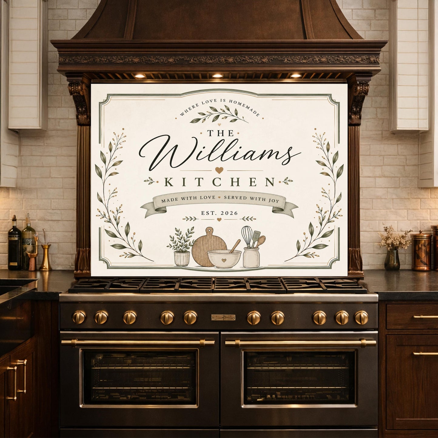 Personalized Farmhouse Kitchen Backsplash, Custom Family Name Glass Panel, Olive Branch Kitchen Sign Decor
