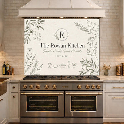 Personalized Farmhouse Kitchen Backsplash, Custom Family Name Glass Panel, Olive Branch Kitchen Sign Decor