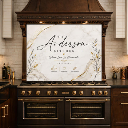 Personalized Farmhouse Kitchen Backsplash, Custom Family Name Glass Panel, Olive Branch Kitchen Sign Decor