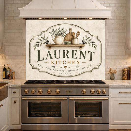 Personalized Farmhouse Kitchen Backsplash, Custom Family Name Glass Panel, Olive Branch Kitchen Sign Decor