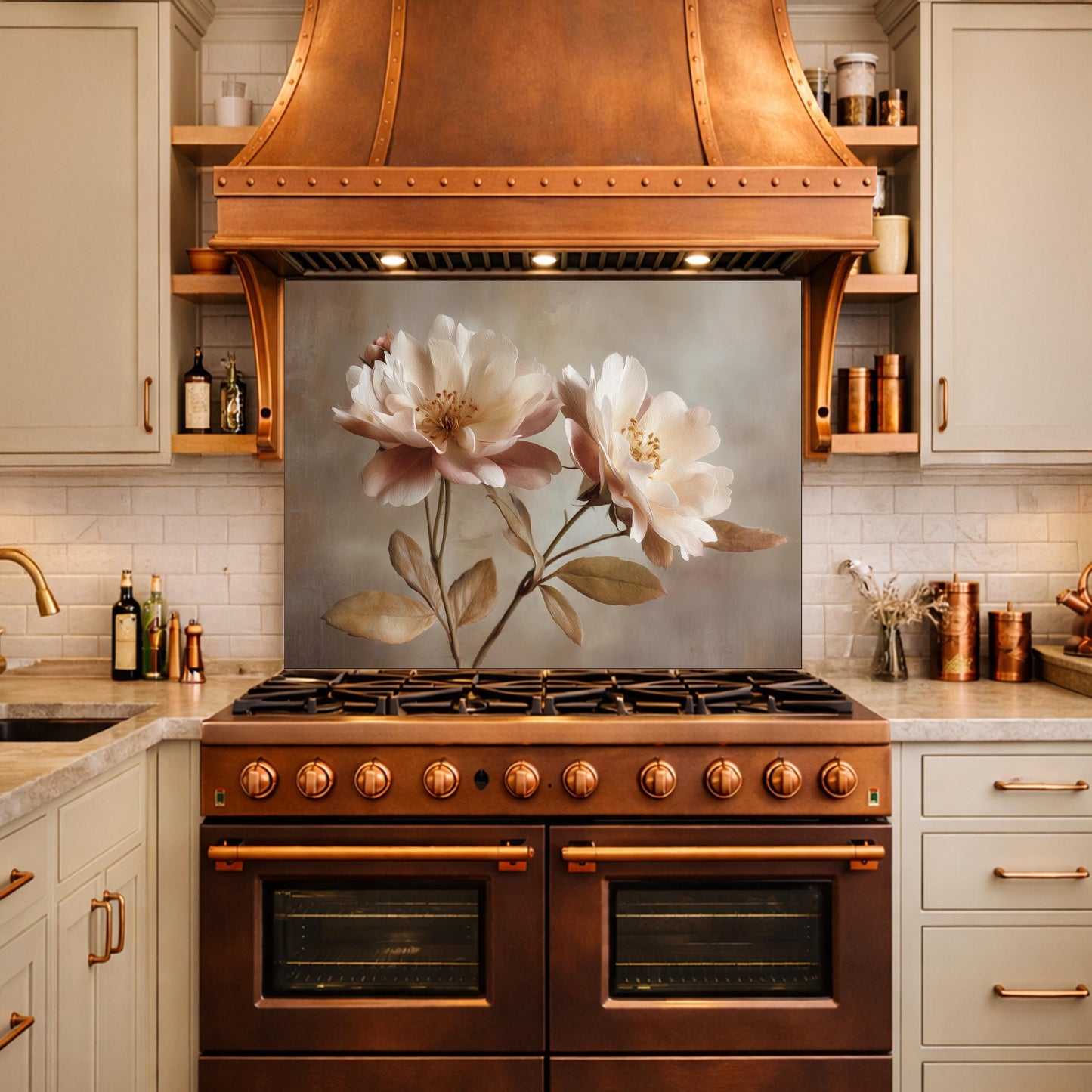 Neutral Peony Glass Kitchen Backsplash – Farmhouse Botanical Wall Art