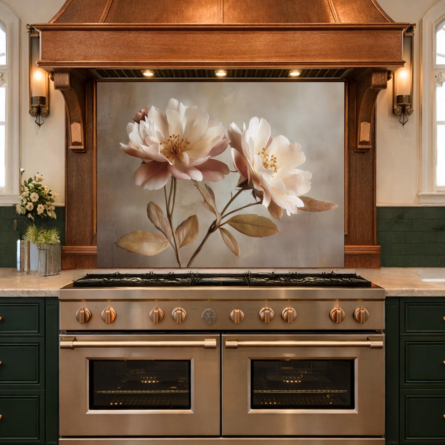 Neutral Peony Glass Kitchen Backsplash – Farmhouse Botanical Wall Art
