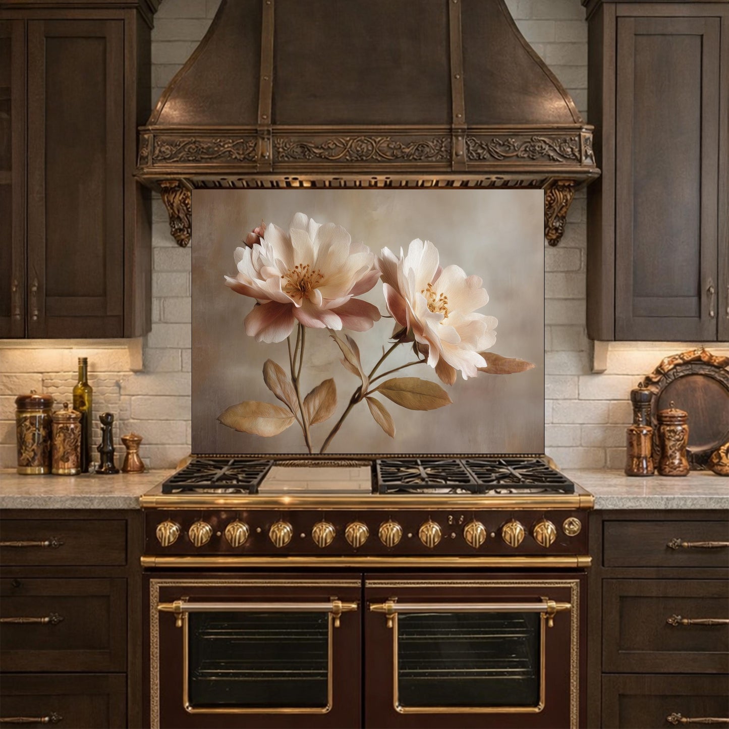 Neutral Peony Glass Kitchen Backsplash – Farmhouse Botanical Wall Art