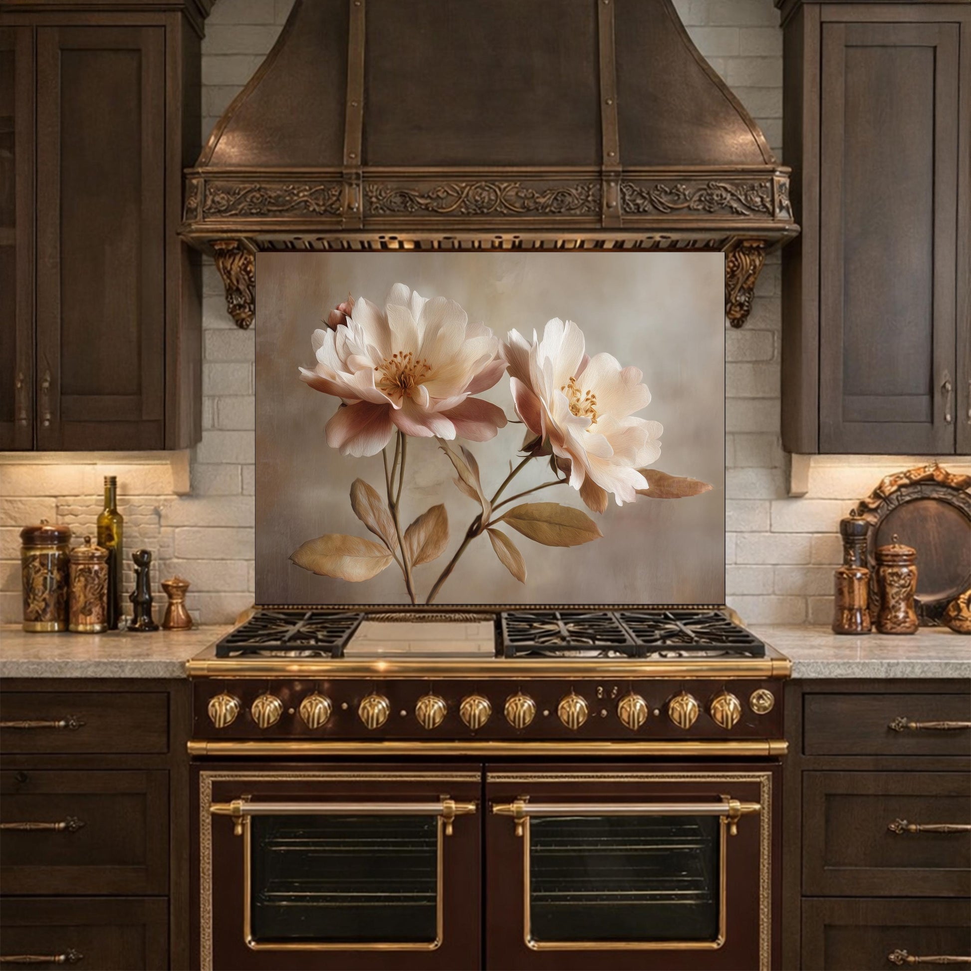 Neutral Peony Glass Kitchen Backsplash – Farmhouse Botanical Wall Art