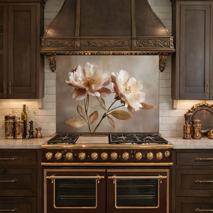 Neutral Peony Glass Kitchen Backsplash – Farmhouse Botanical Wall Art