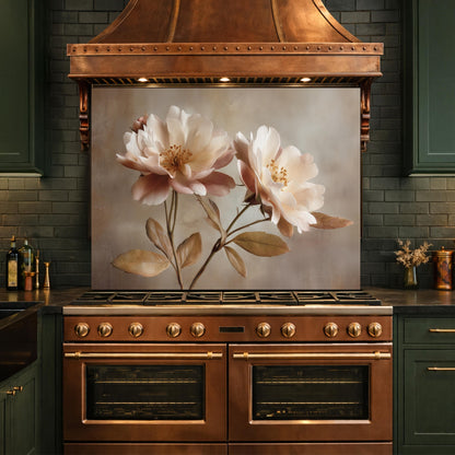 Neutral Peony Glass Kitchen Backsplash – Farmhouse Botanical Wall Art