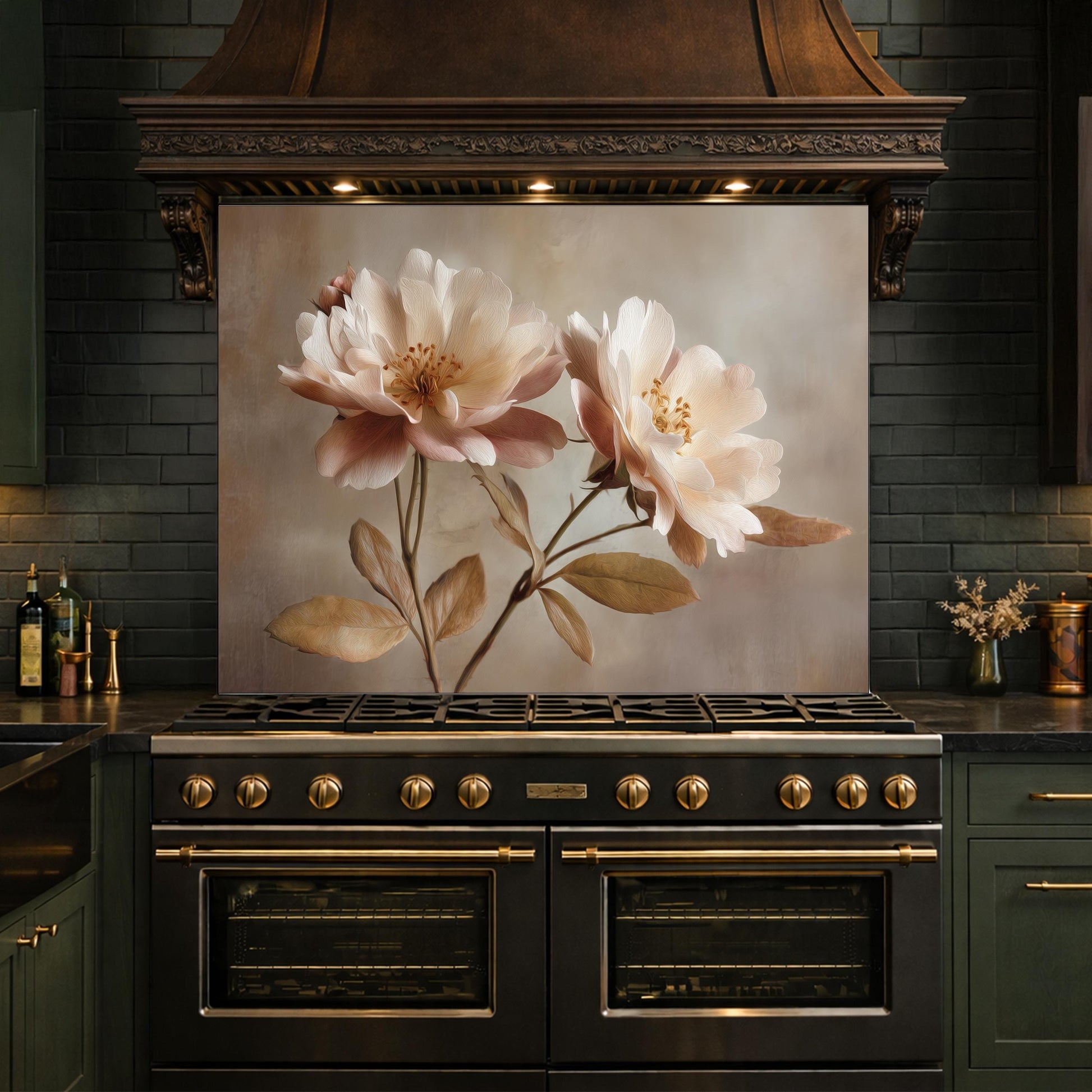 Neutral Peony Glass Kitchen Backsplash – Farmhouse Botanical Wall Art