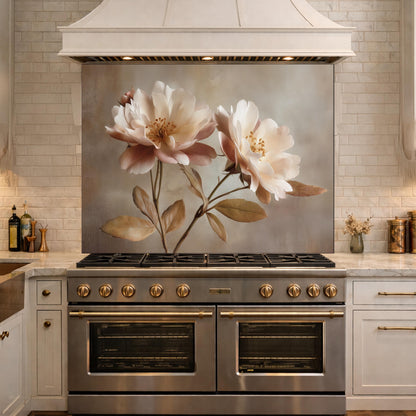 Neutral Peony Glass Kitchen Backsplash – Farmhouse Botanical Wall Art