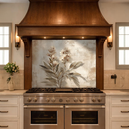 Neutral Botanical Glass Kitchen Backsplash – Beige Floral Stove Splashback, Cottage Decor