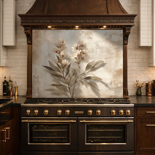 Neutral Botanical Glass Kitchen Backsplash – Beige Floral Stove Splashback, Cottage Decor