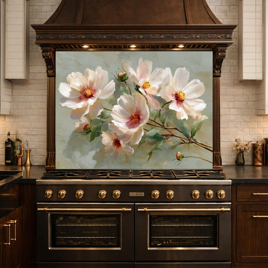 White Cosmos Floral Glass Kitchen Backsplash – Cottagecore Botanical Stove Decor