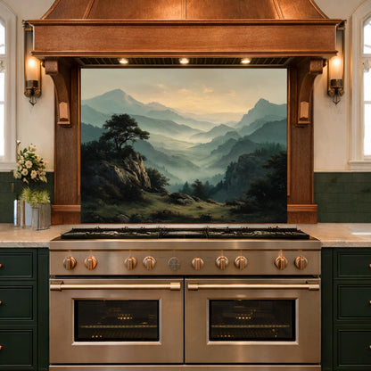 Misty Mountain Landscape Glass Kitchen Backsplash – Scenic Stove Wall Decor