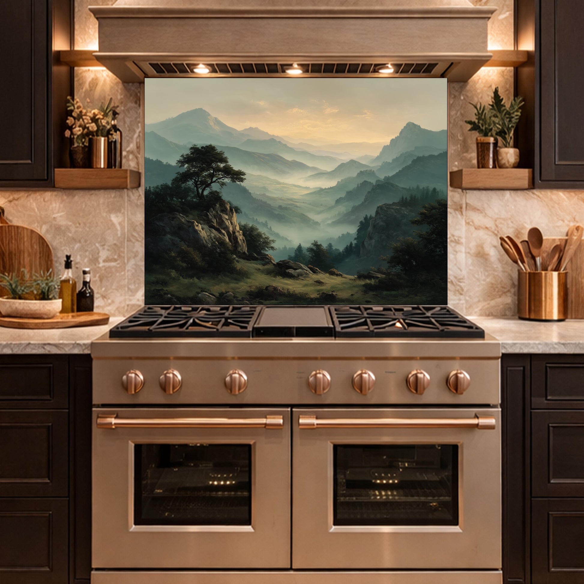 Misty Mountain Landscape Glass Kitchen Backsplash – Scenic Stove Wall Decor