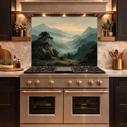 Misty Mountain Landscape Glass Kitchen Backsplash – Scenic Stove Wall Decor