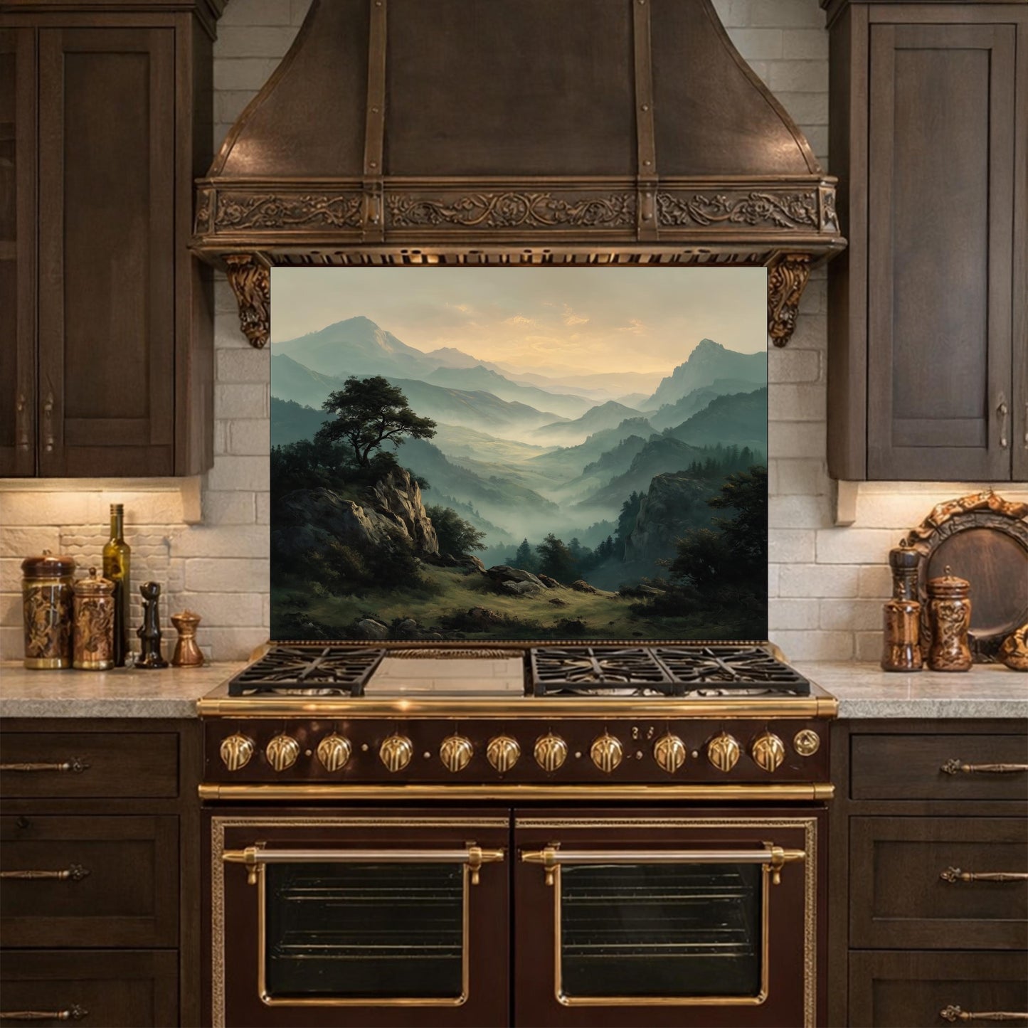 Misty Mountain Landscape Glass Kitchen Backsplash – Scenic Stove Wall Decor