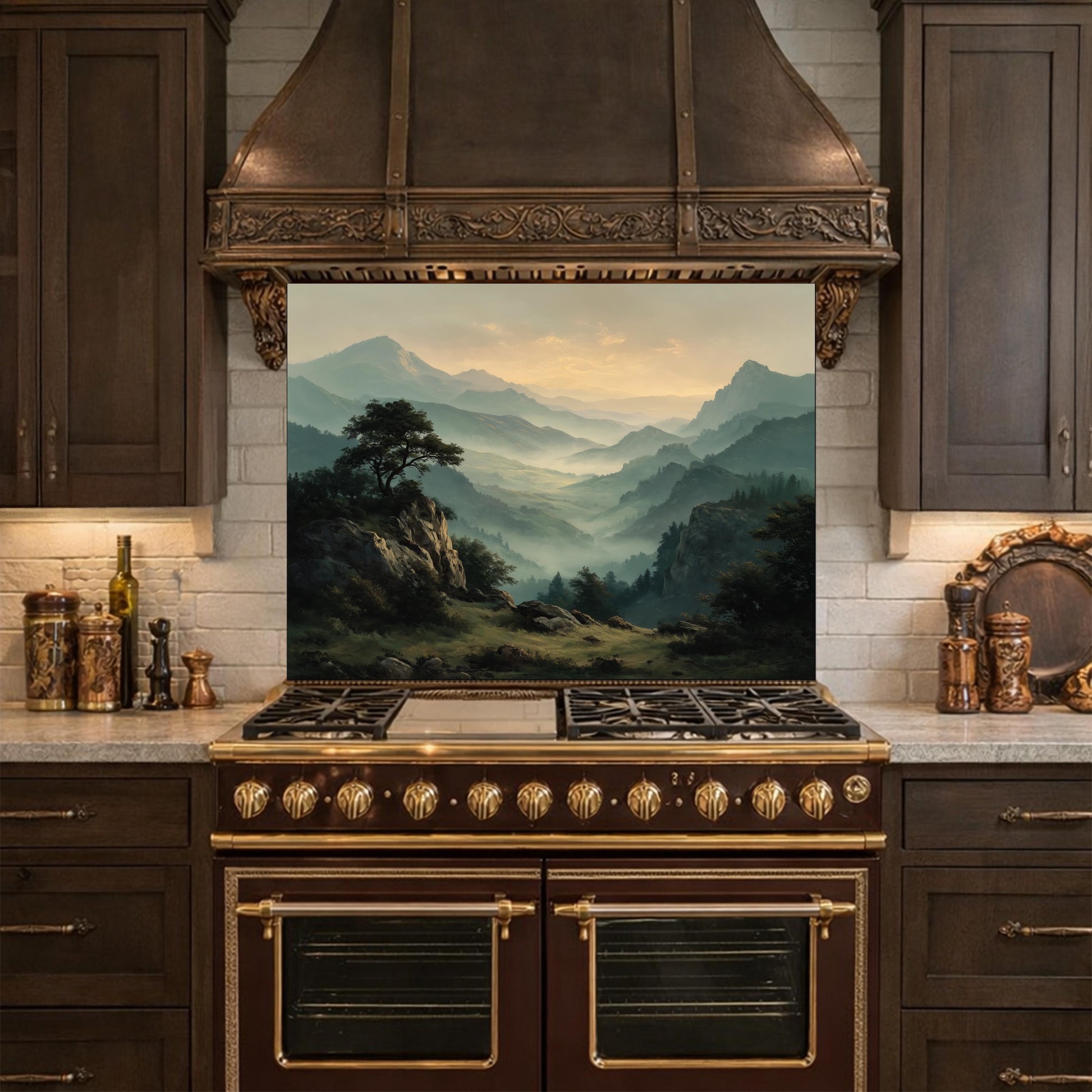 Misty Mountain Landscape Glass Kitchen Backsplash – Scenic Stove Wall Decor