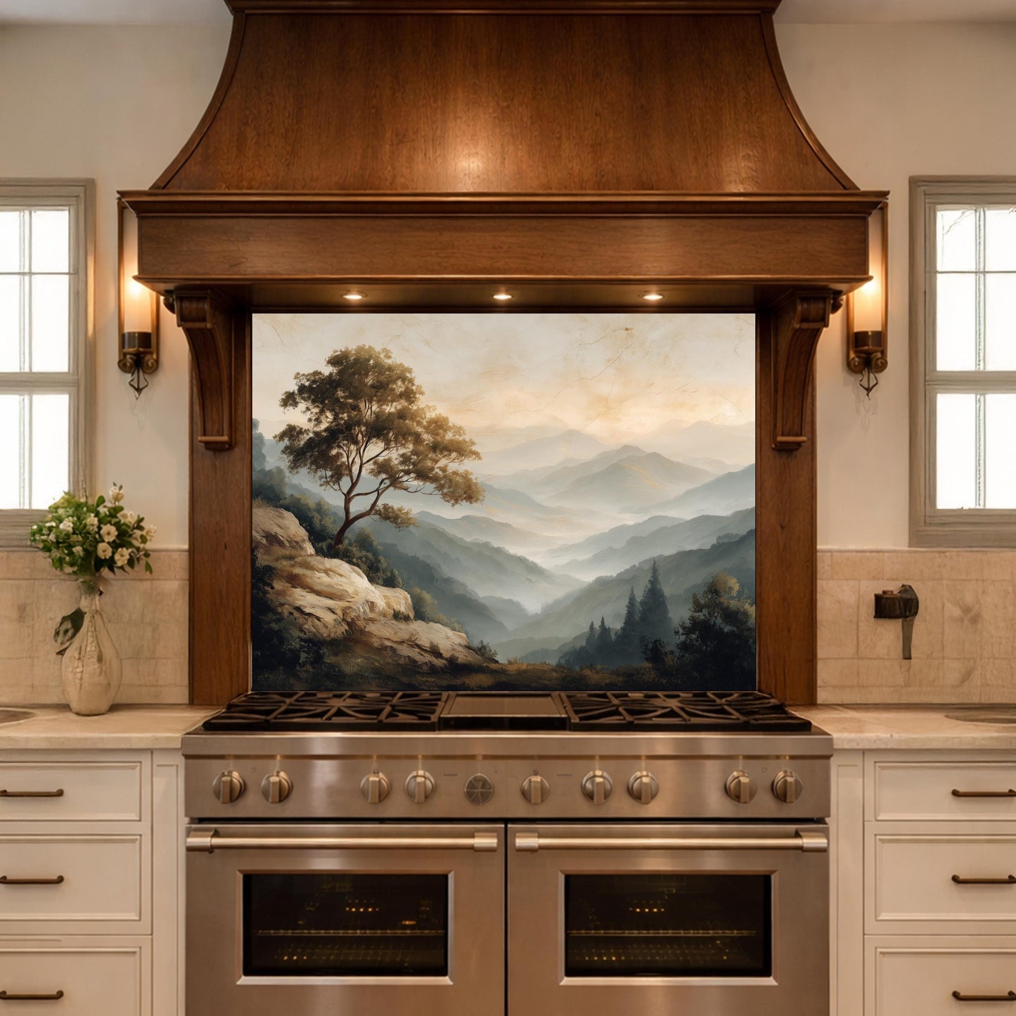 Mountain Landscape Glass Kitchen Backsplash – Serene Nature Stove Decor