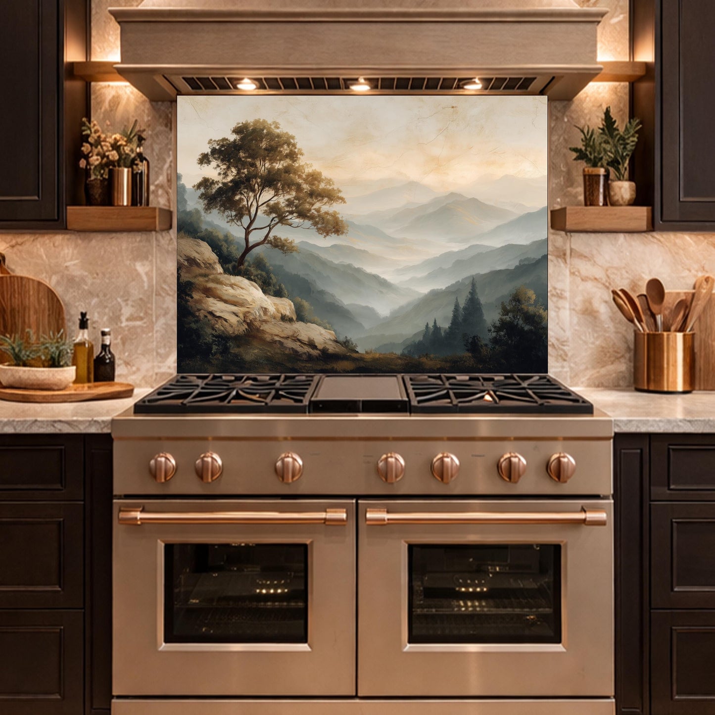 Mountain Landscape Glass Kitchen Backsplash – Serene Nature Stove Decor