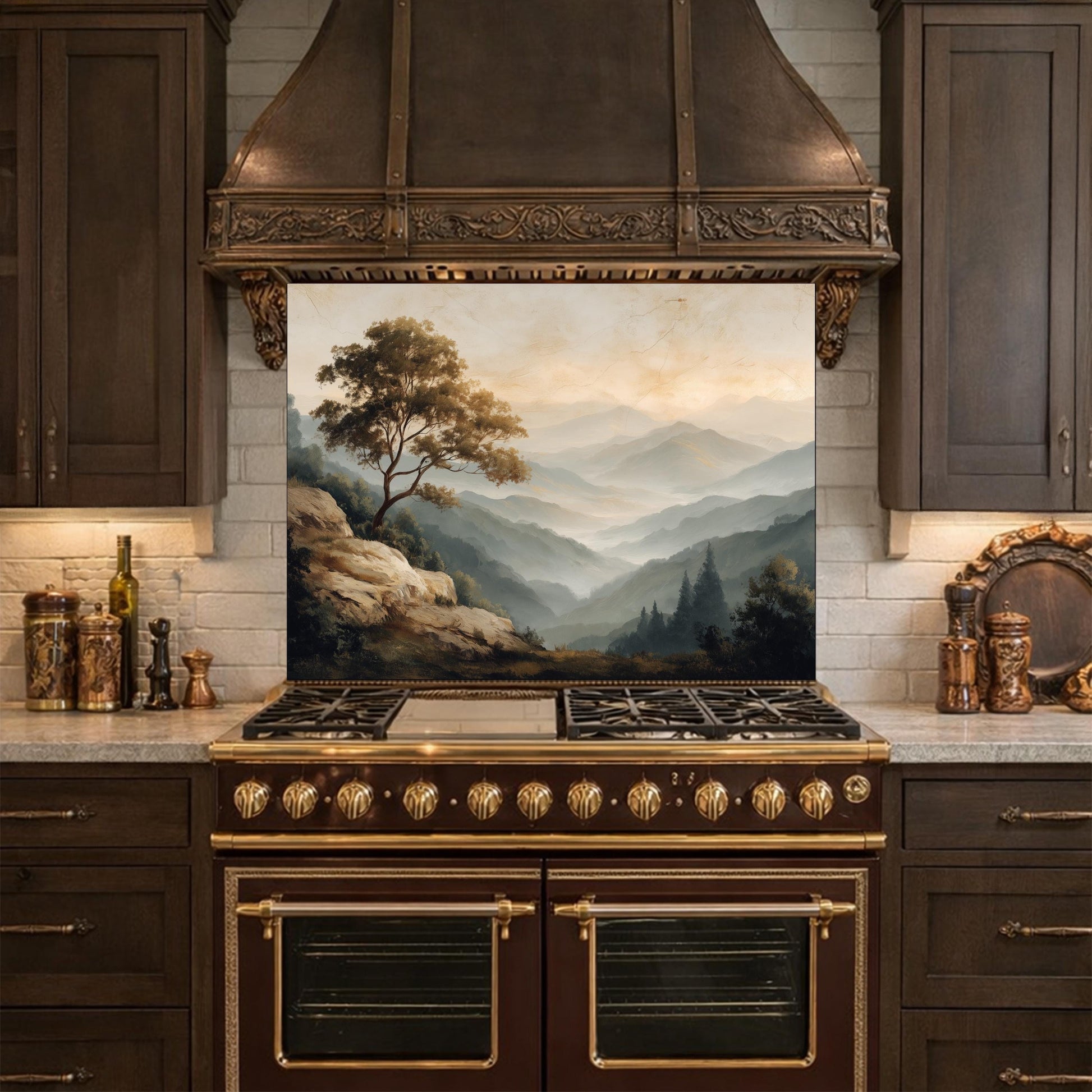 Mountain Landscape Glass Kitchen Backsplash – Serene Nature Stove Decor