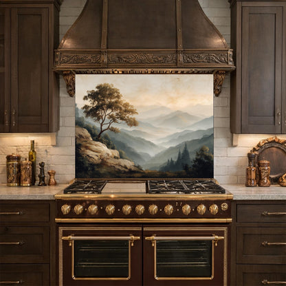 Mountain Landscape Glass Kitchen Backsplash – Serene Nature Stove Decor