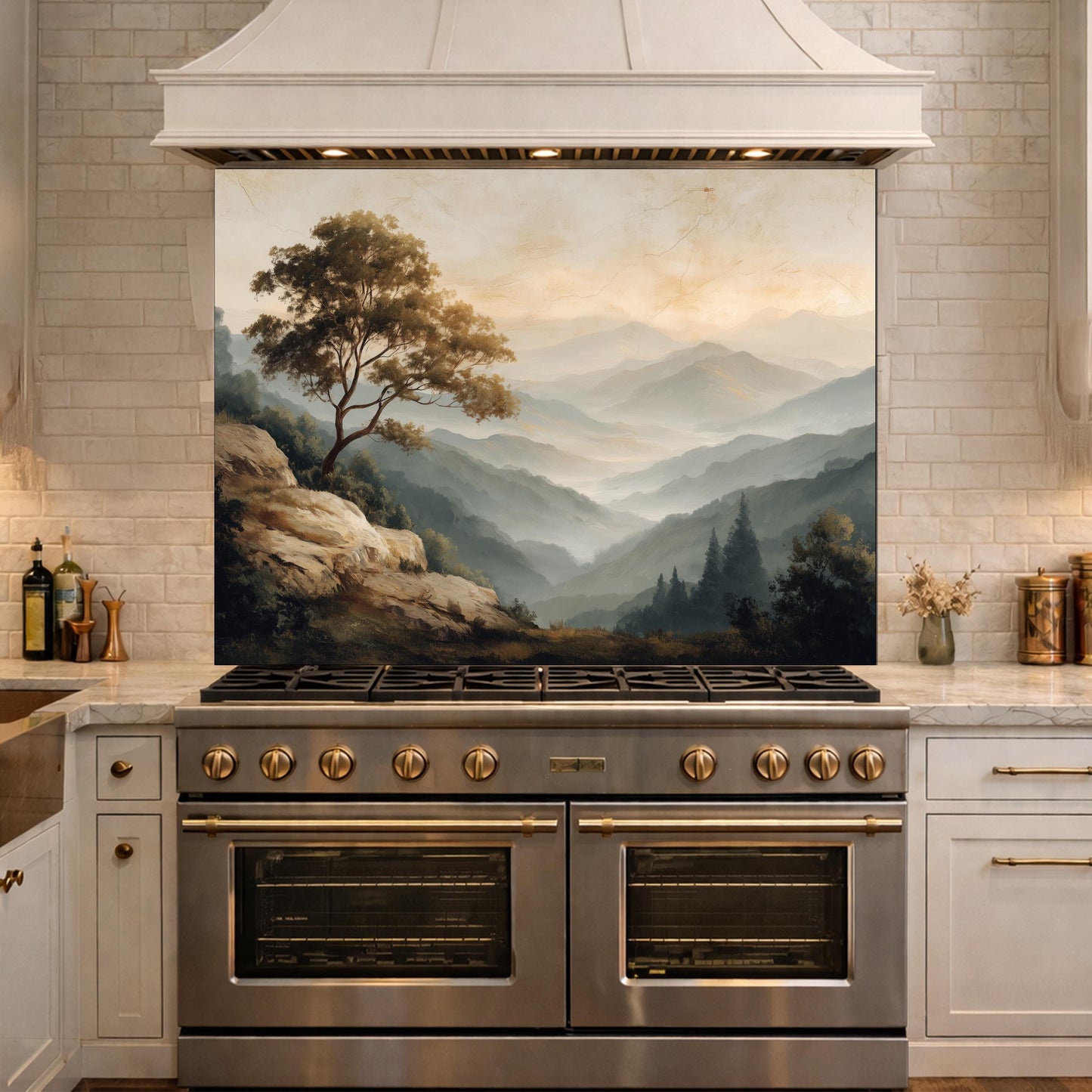 Mountain Landscape Glass Kitchen Backsplash – Serene Nature Stove Decor