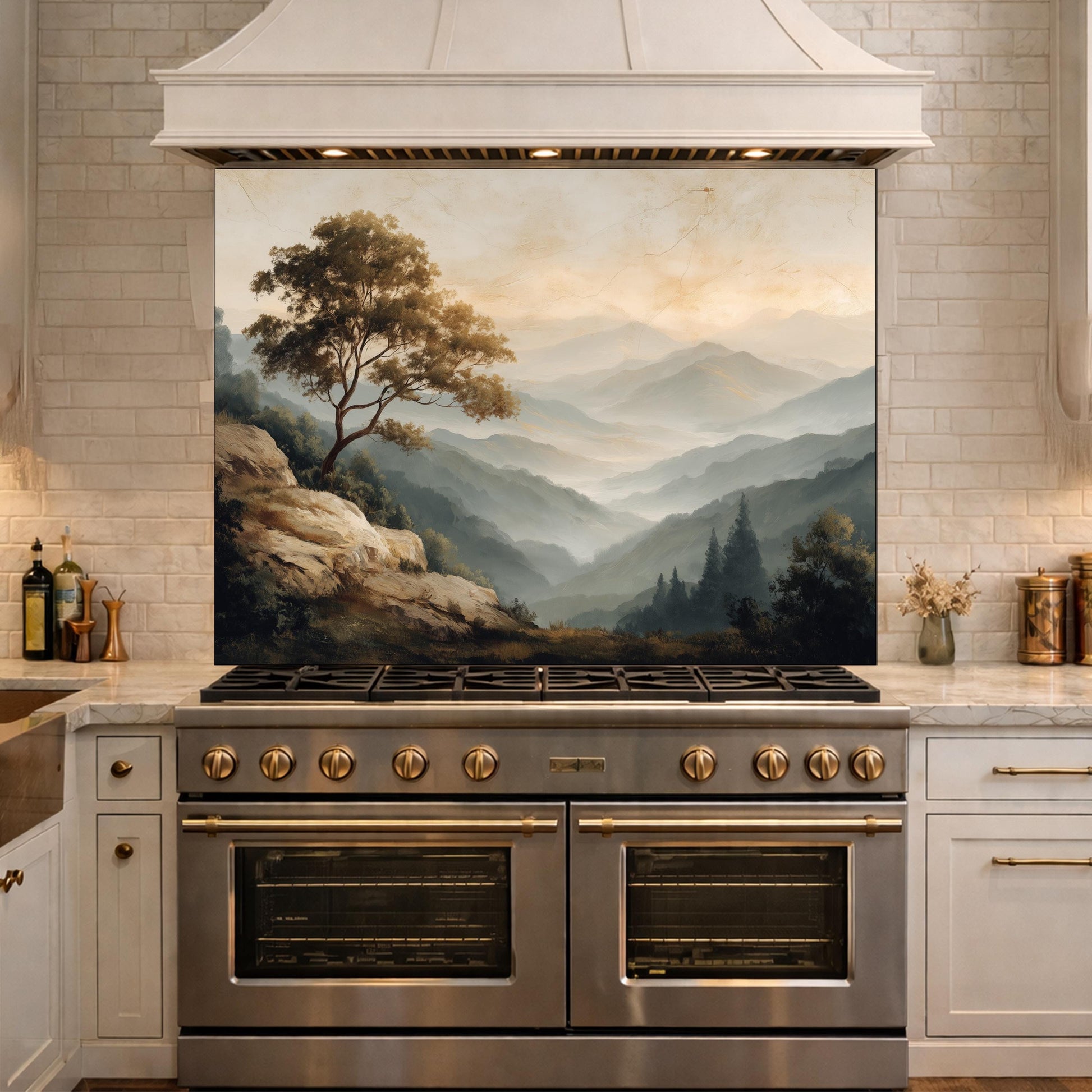 Mountain Landscape Glass Kitchen Backsplash – Serene Nature Stove Decor