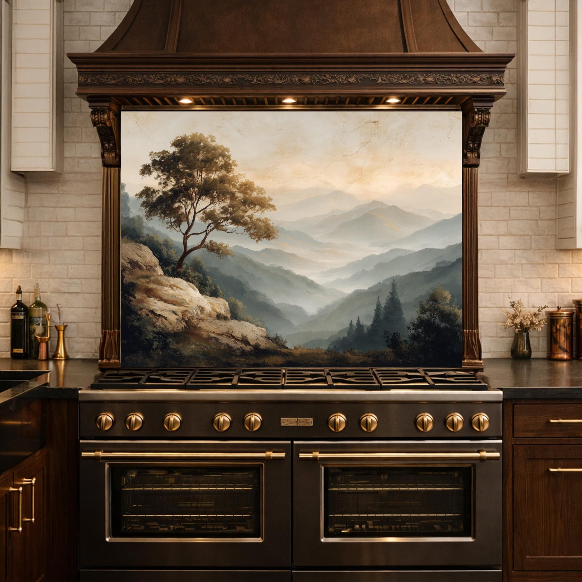 Mountain Landscape Glass Kitchen Backsplash – Serene Nature Stove Decor