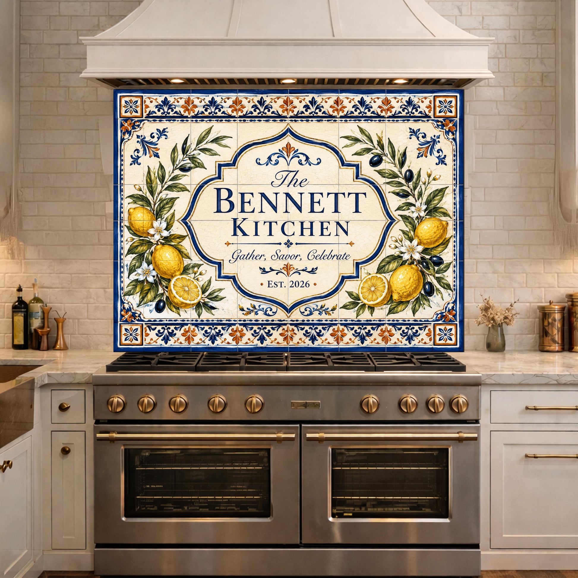 Personalized Mediterranean Tile Backsplash, Custom Family Kitchen Sign, Italian Ceramic Style Tempered Glass Backsplash
