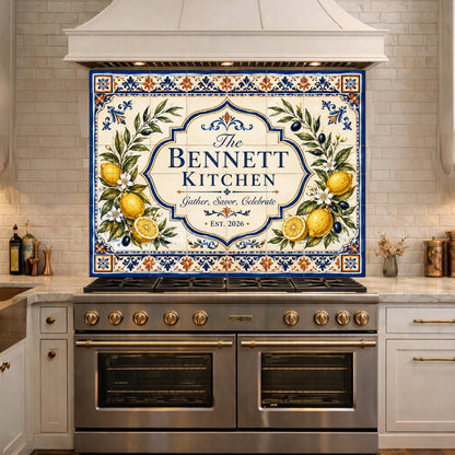 Personalized Mediterranean Tile Backsplash, Custom Family Kitchen Sign, Italian Ceramic Style Tempered Glass Backsplash