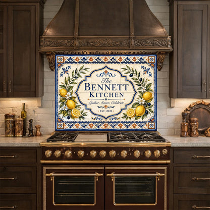 Personalized Mediterranean Tile Backsplash, Custom Family Kitchen Sign, Italian Ceramic Style Tempered Glass Backsplash