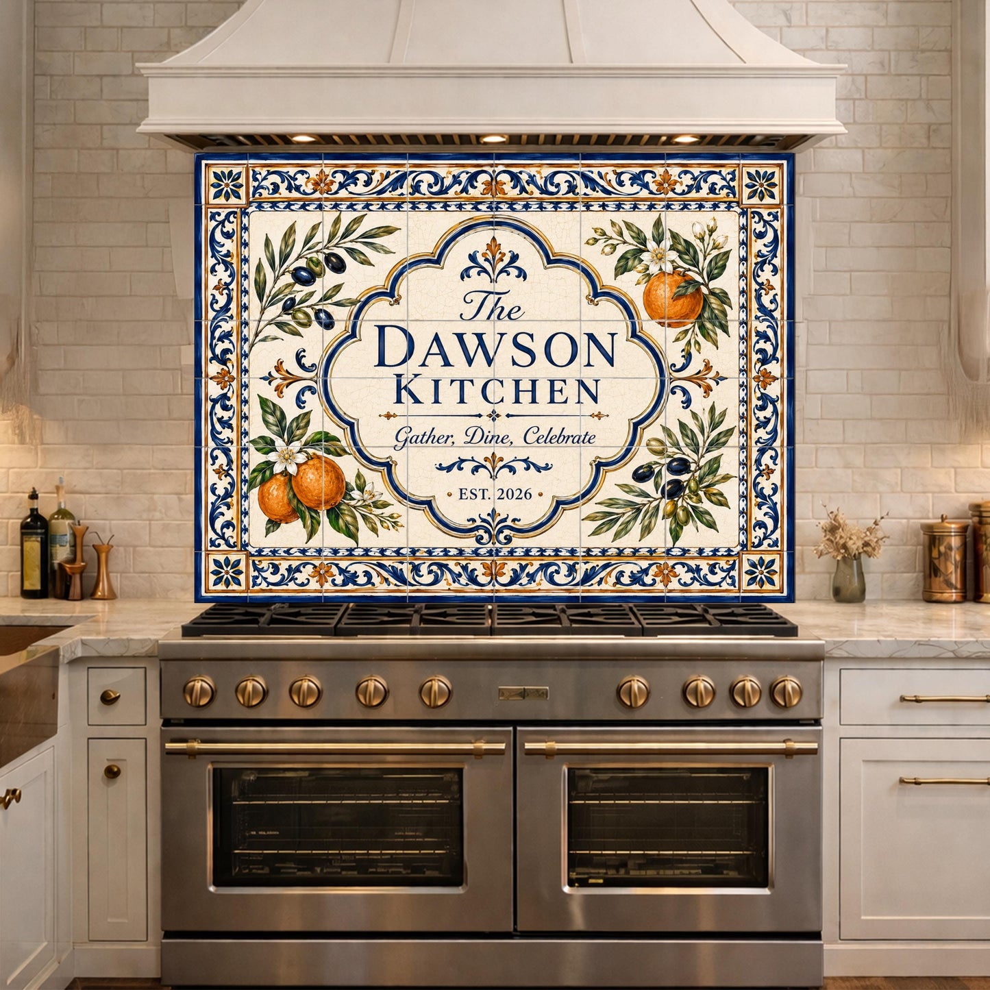 Personalized Mediterranean Tile Backsplash, Custom Family Kitchen Sign, Italian Ceramic Style Tempered Glass Backsplash