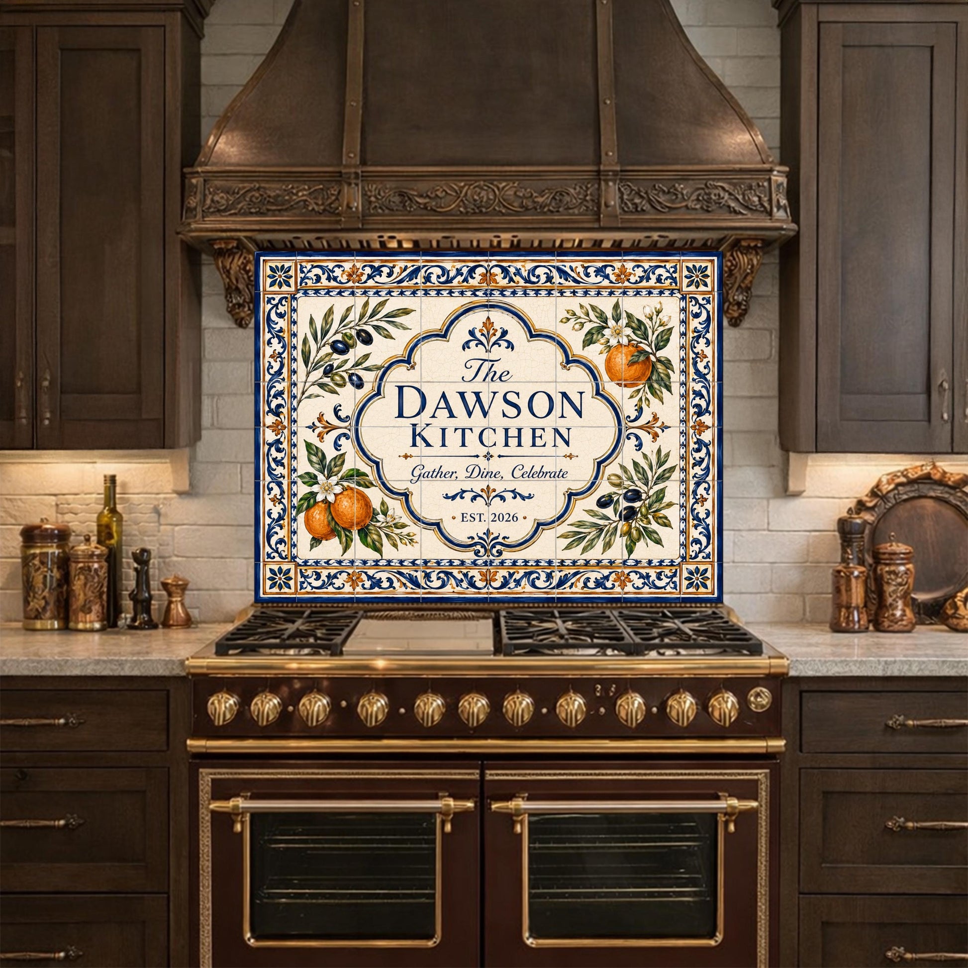 Personalized Mediterranean Tile Backsplash, Custom Family Kitchen Sign, Italian Ceramic Style Tempered Glass Backsplash