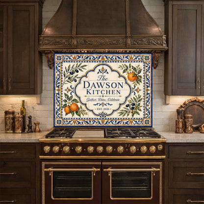 Personalized Mediterranean Tile Backsplash, Custom Family Kitchen Sign, Italian Ceramic Style Tempered Glass Backsplash