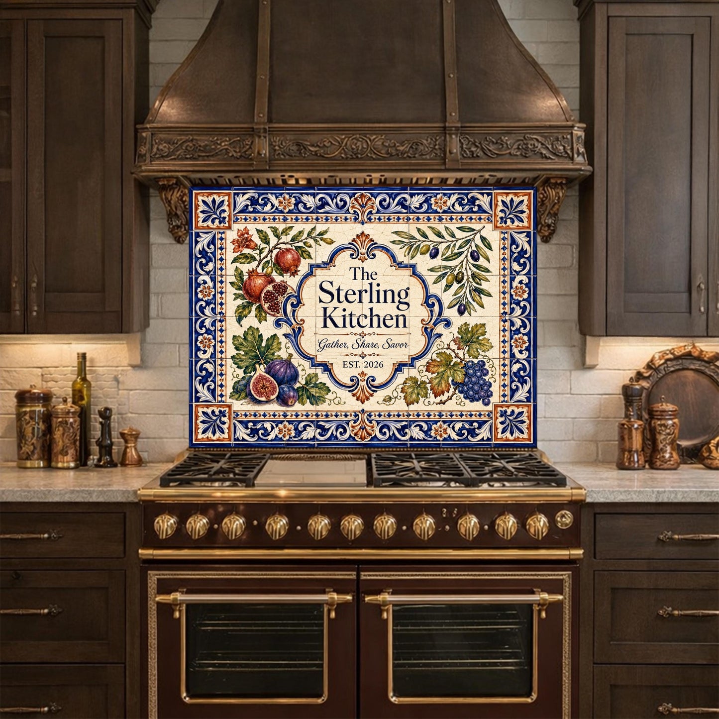 Personalized Mediterranean Tile Backsplash, Custom Family Kitchen Sign, Italian Ceramic Style Tempered Glass Backsplash