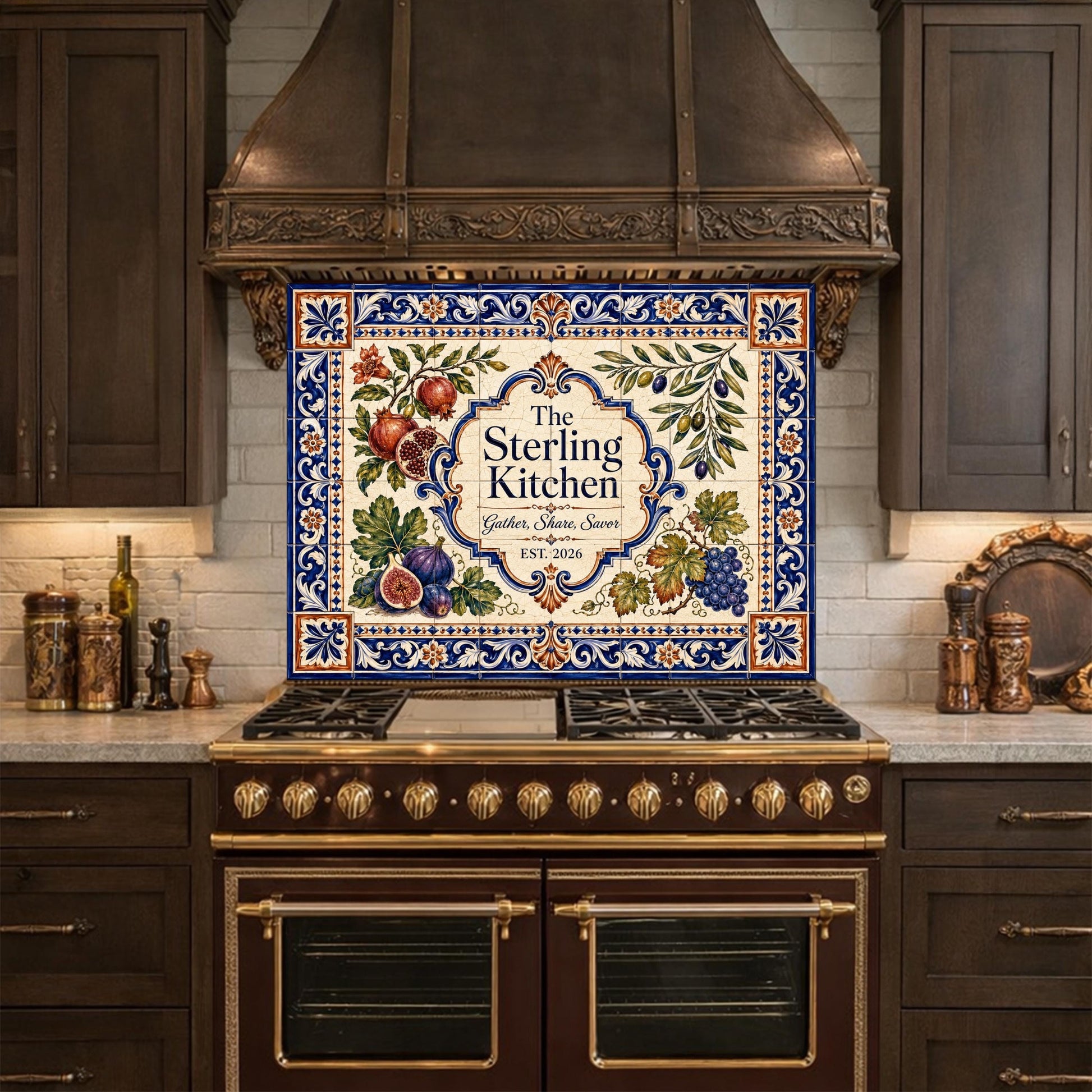 Personalized Mediterranean Tile Backsplash, Custom Family Kitchen Sign, Italian Ceramic Style Tempered Glass Backsplash