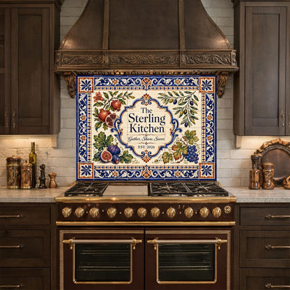 Personalized Mediterranean Tile Backsplash, Custom Family Kitchen Sign, Italian Ceramic Style Tempered Glass Backsplash