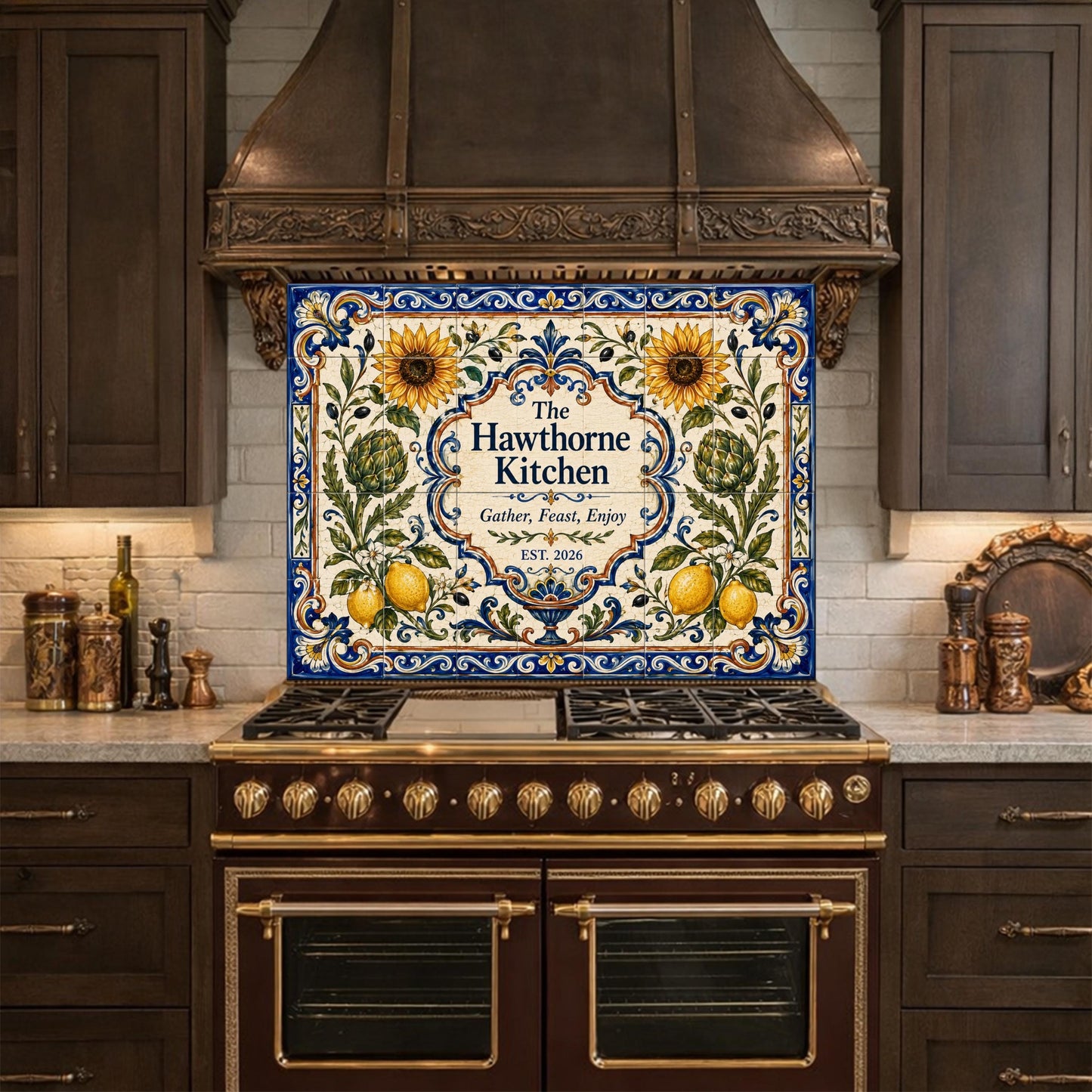 Personalized Mediterranean Tile Backsplash, Custom Family Kitchen Sign, Italian Ceramic Style Tempered Glass Backsplash